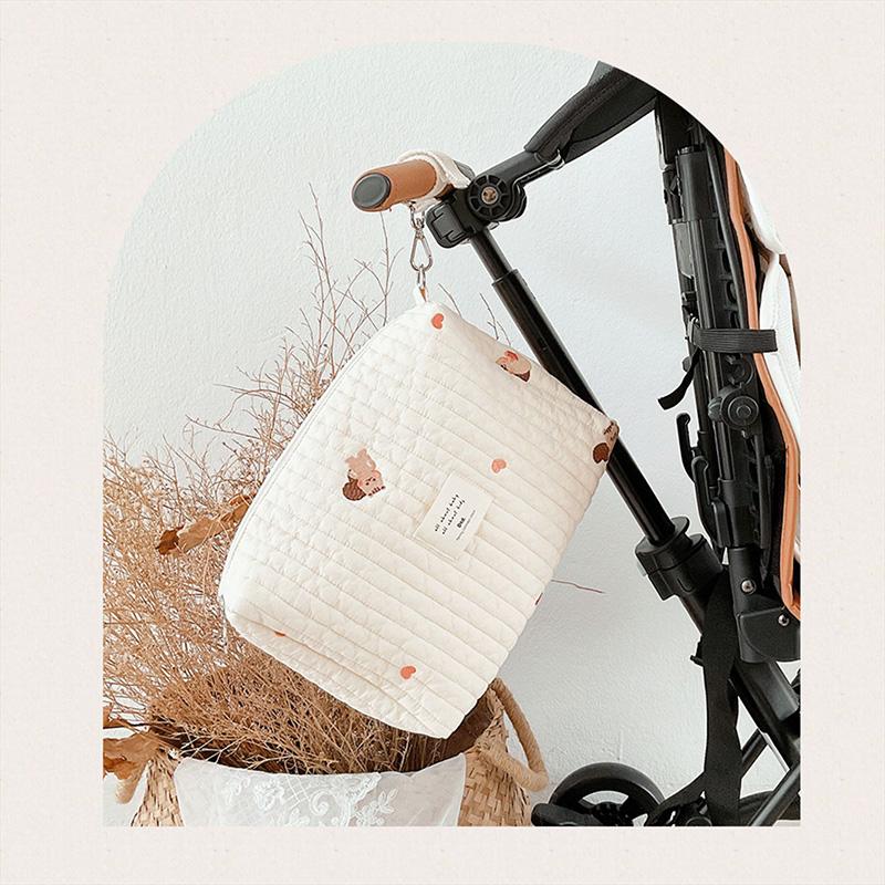 Portable Travel Embroidered Cotton Diaper Bag with Zipper New Mother Trolley Hanging Bag Baby Trolley Hanging Diaper Bag