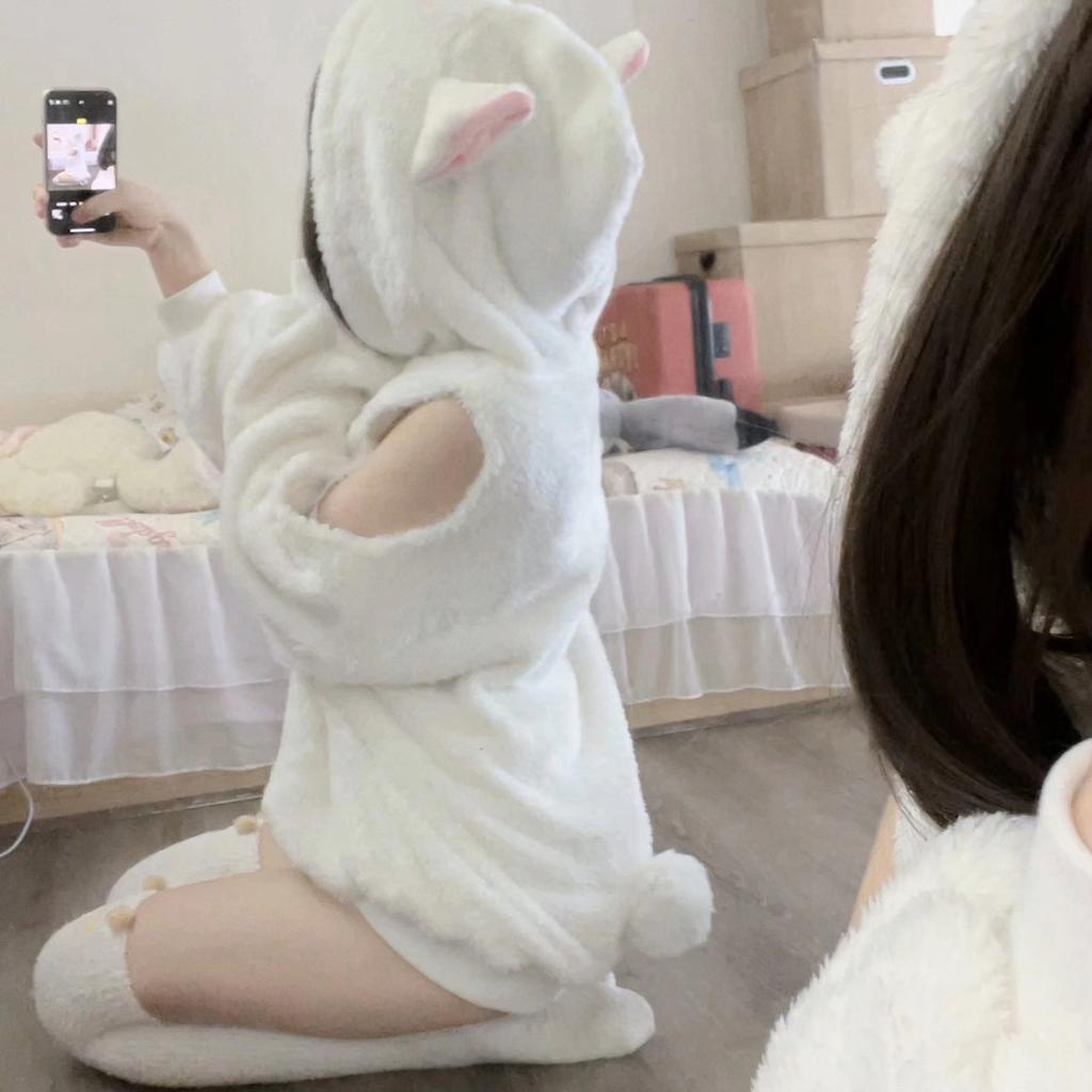 Vår Høst Kvinner Søt Søt Sau Øre Hettegensere Jente Sexy Chic Langermet Off Shoulder Løse Pullover Plysj Gensere
