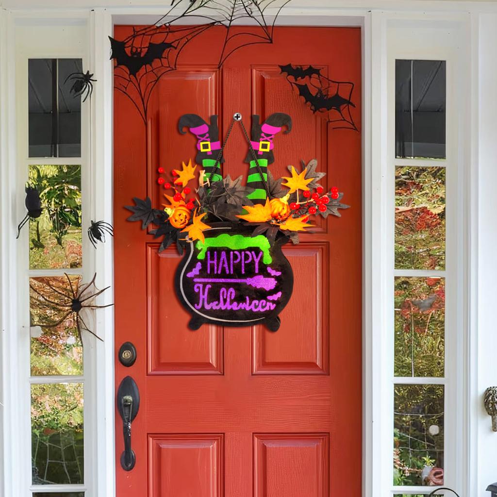 Halloween Pumpkin Decoration, With Maple Leaf Berry Witch Hat, Halloween Door Sign Wood Light For Front Door Indoor Outdoor Patio Party Cartoon