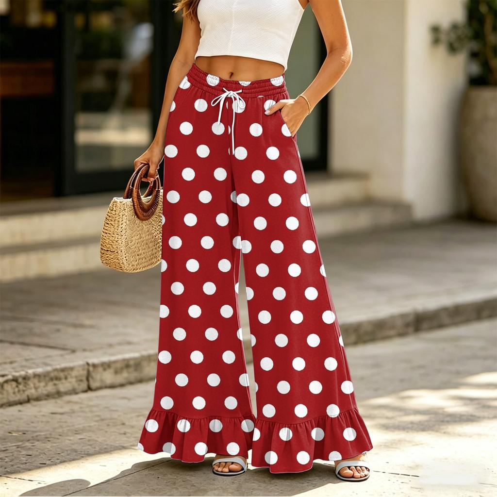 Damen High Waist Weite Hosen mit Kordelzug und Taschen Entspannte Passform Lange Hosen mit Rüschensaum und Blumendruck für Freizeitkleidung
