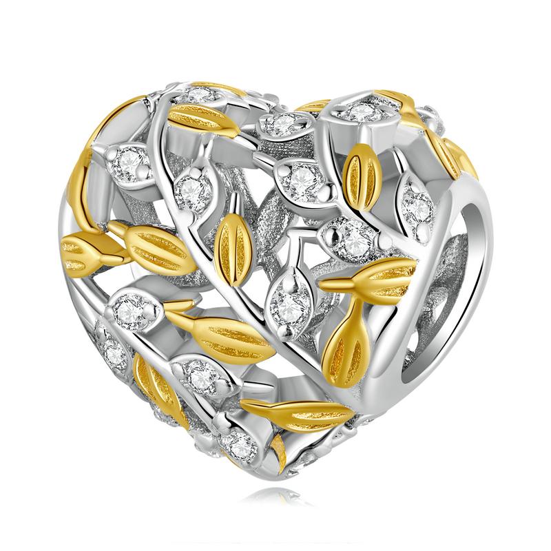 Bamoer 925 Sterling Silver Heart-shaped Leaf Pendant Fit for Women DIY Bracelet & Bangle Plated Gold Heart Charms Fine Jewelry