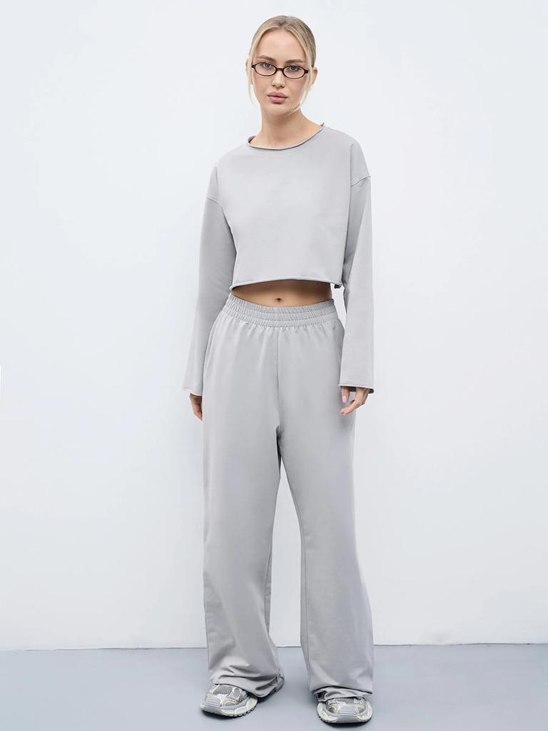 Spring and Summer Women's Casual Suit Solid Color Long Sleeve Crew Neck T-Shirt Elastic Wide Leg Pants Two-piece Set