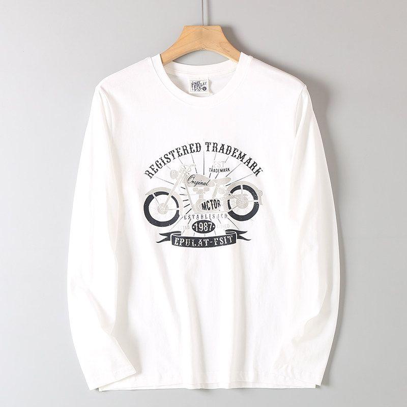 Men's Vintage Motorcycle Style Cotton Printed Base Shirt, Spring and Autumn American Casual Loose Long-Sleeve T-Shirt