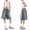 Retro Denim Shorts Women American Style Elegant Streetwear Wide Leg Pants Summer Female Y2k High Waist Loose Short Jeans