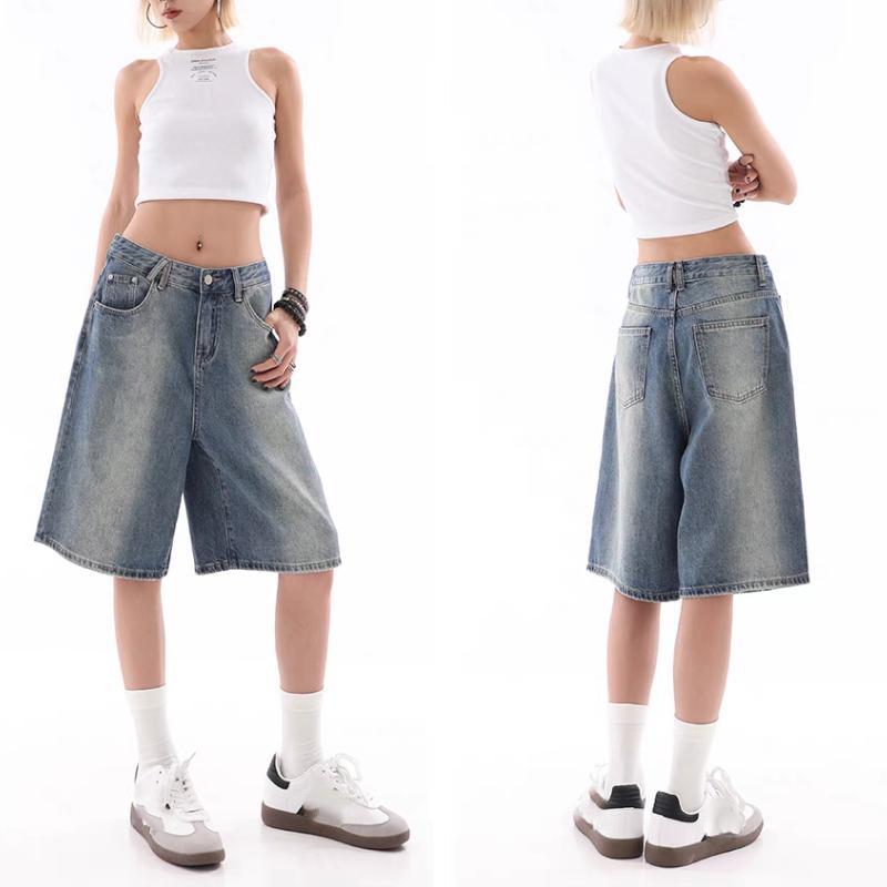 Retro Denim Shorts Women American Style Elegant Streetwear Wide Leg Pants Summer Female Y2k High Waist Loose Short Jeans