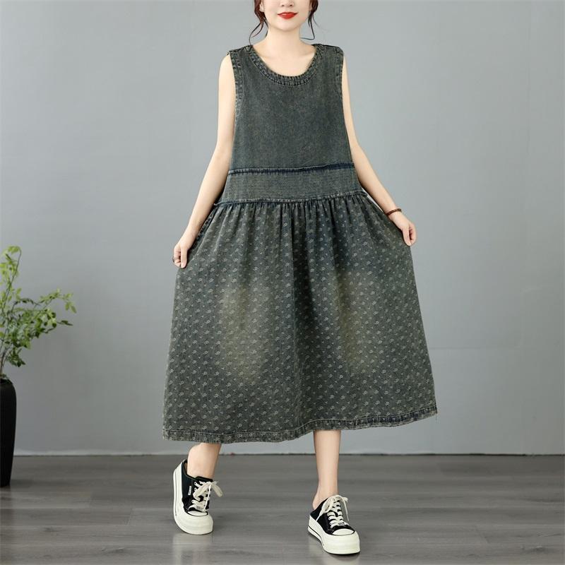 Sleeveless Plus Size Vintage Floral New In Dresses for Women Casual Loose Long Summer Denim Dress