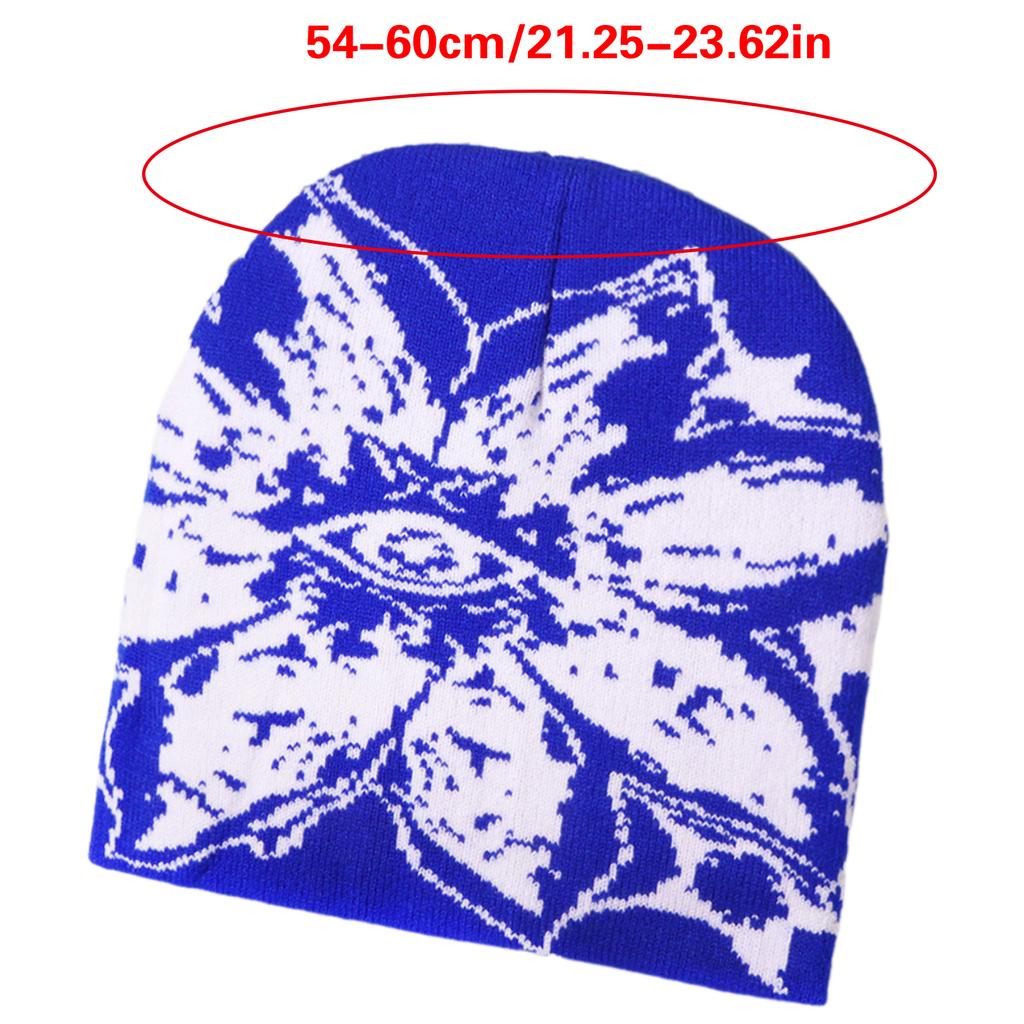 Unisex Jacquard Eye Flower Pattern Knitted Beanies Hat Fashionable Winter Warm Hiphop Bonnet Skull Hat for Men and Women