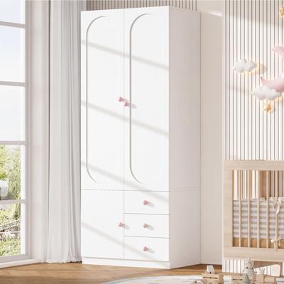 2-Door Wardrobe with Drawers, Bedroom Cabinet, Children's Room Furniture, with Clothes Rail, Pink Ceramic Handles, White, Lacquer Finish, 80×50×200 Cm