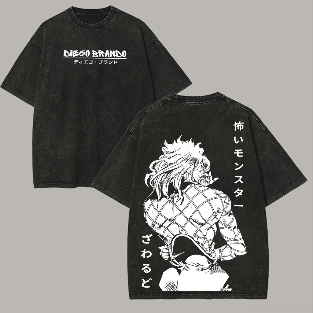 Harajuku Anime JoJo's Bizarre Adventure T Shirt Gothic Washed Oversized T-shirt Summer Pure Cotton Tees Tops Men Unisex Clothing