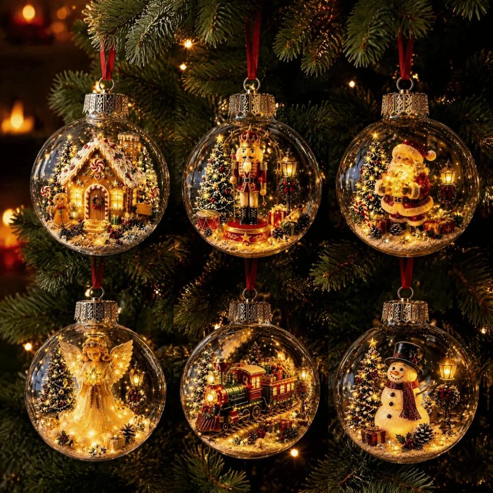 2pc Acrylic Material Christmas Ball Ornament Transparent Design with Light Santa Claus Pendant Hanging Christmas Decor