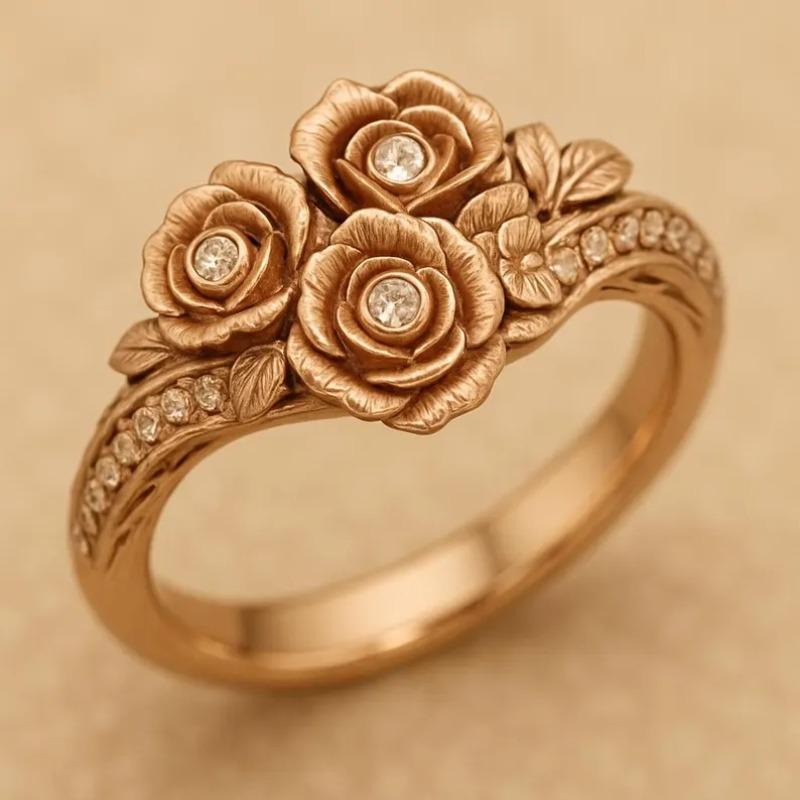 Vintage Inlaid White CZ Rose Flower Women's Ring Classic Gold Color Hand Carving Daily Wear Party Jewelry Anniversary Gift