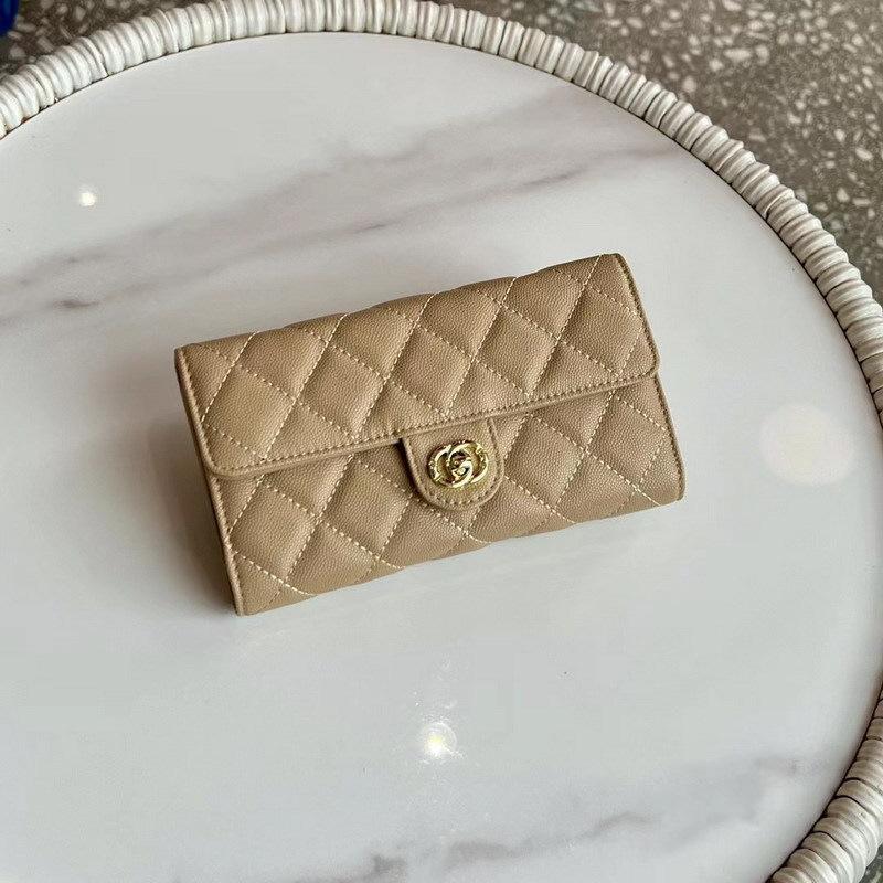 2026 New Caviar Patterned Cowhide Long Three Fold Wallet Hand-held Bag Chain Strap Crossbody Genuine Leather Women's