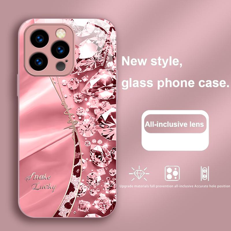 Estampa de Leopardo com Diamante Para IPhone 16 Pro Max 15 P Lus 14 Pro 13 12 Mini 11 P Ro Max X XS 7 8 Plus 2022 Capa de Celular de Vidro Temperado