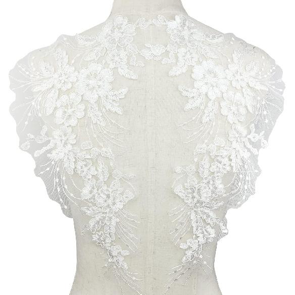 Flower Embroidery Sequin Lace Appliques Trim Floral Embroidered Sew on Patches for Wedding Bridal Dress Party Gown Bodice Craft DIY, 1 Pairs (White)