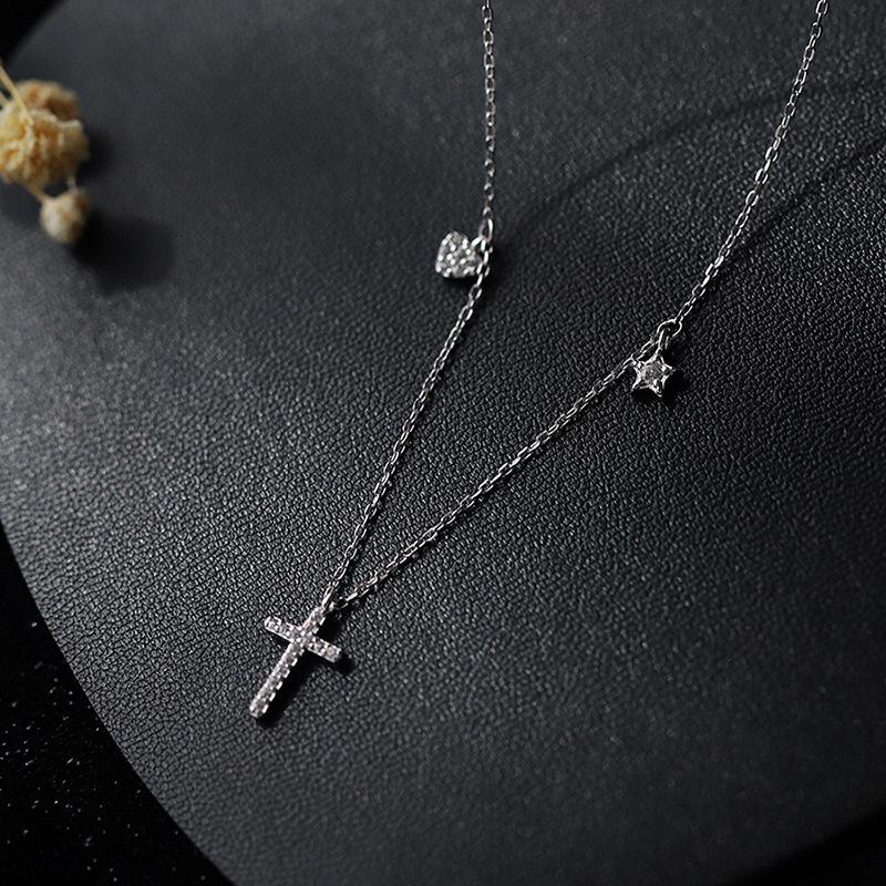 Full Diamond Cross Necklace Female Ins Temperament Light Luxury Star Moon Guardian Collarbone Chain Necklace
