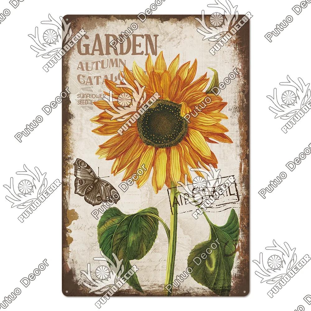 Putuo Decor Lavendel Metallskyltar Plåtposter Metall Vintage Solros Skyltar Retro Blomma Plåtskylt Tusensköna Väggdekor för Hem Trädgård