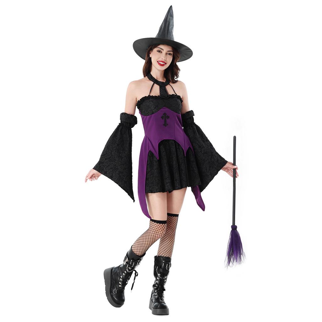 Halloween costume magic witch costume dark goth cross witch hat carnival costume dress