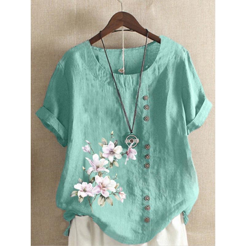Autumn Vintage Cotton and Linen Printed Loose Casual Shirt with Short Sleeves for Women