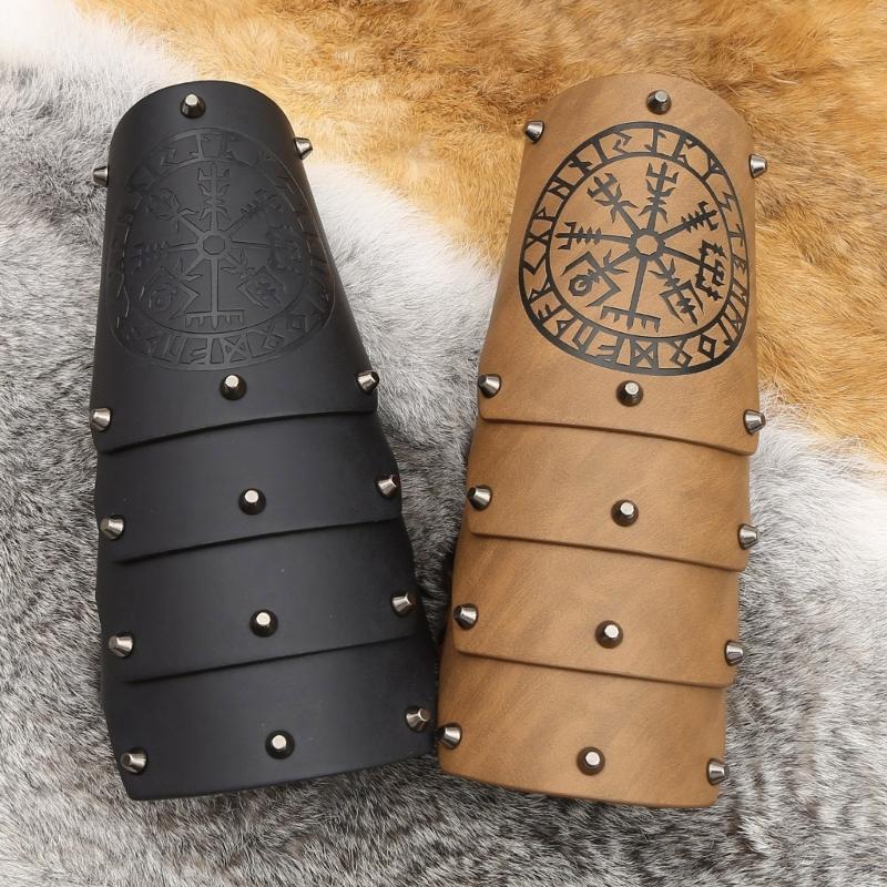 Medieval Wristband Men Cosplay Totems Embossed Bracer Gauntlet for Men Cosplay Leather Wristband for Photoshoots and Stage