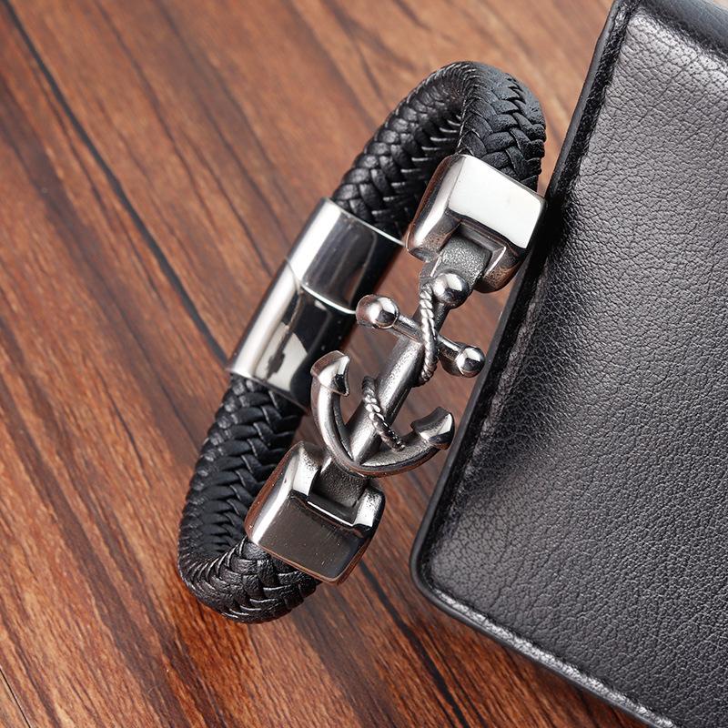 Luxury Stainless Steel Leather Bracelet for Men Gothic Anchor Hand Bangle Designer Jewelry Knitting Style
