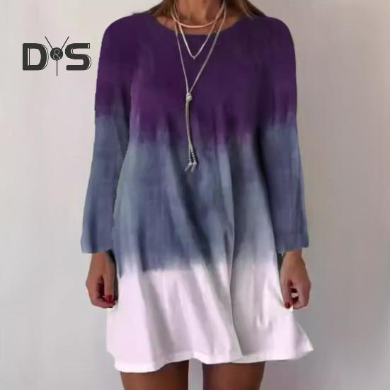 Women's Long Sleeve Dress Gradient Color Printed Dress Loose Fit Round Neck Pullover Dress for Daily Work Parties