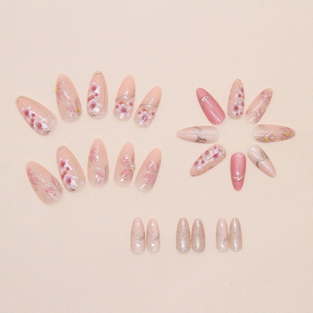 24pcs Manicure Long Almond False Nails Aurora Wave Bow Pearl Press On Nails Detachable Flower Starburst Fake Nials DIY