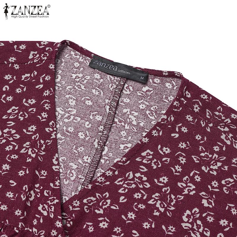 ZANZEA Women Floral Print Casual V-Neck 3/4 Sleeve Loose Long Dress