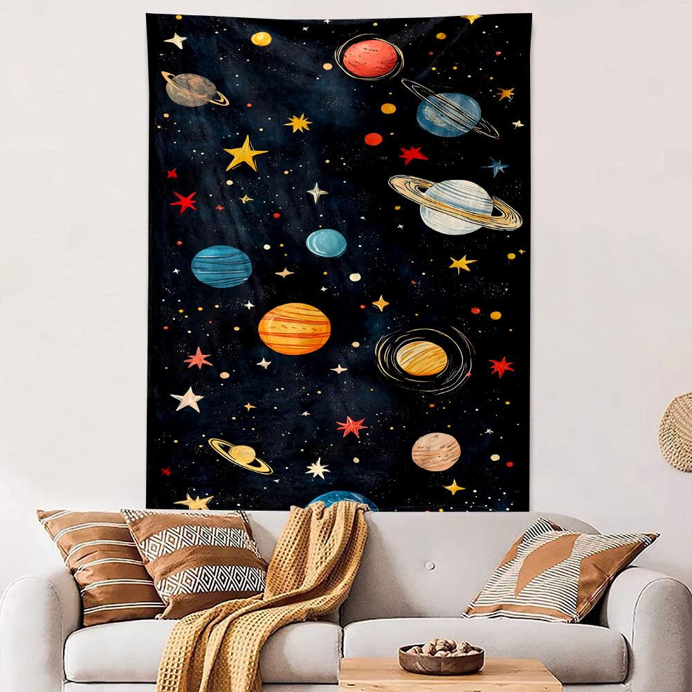 "Colorful Planets and Stars in Space" Patterned Tapestry Decorative Wall Hanging, Home Bedroom Living Room Decor