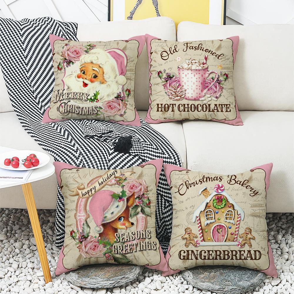Pink Cute Santa Claus Pillowcase, Linen Print Pillow, Bedroom Bedside Cushion, Sofa Cushion, Festive Atmosphere