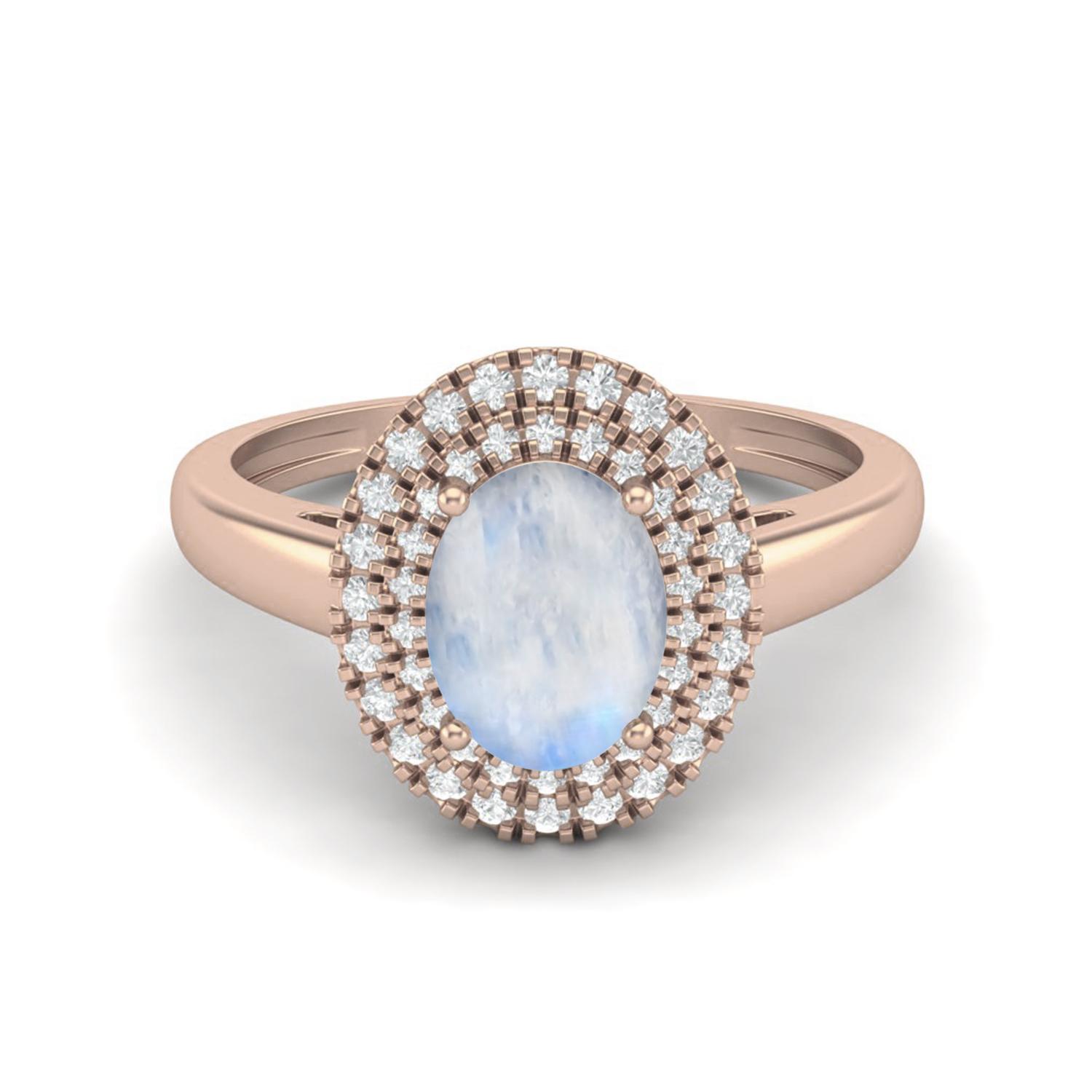 

2.42 Cts Oval Moonstone Solitaire 925 Sterling Silver Rose Vermeil Halo Engagement Women Ring 11 Яскраво-рожевий