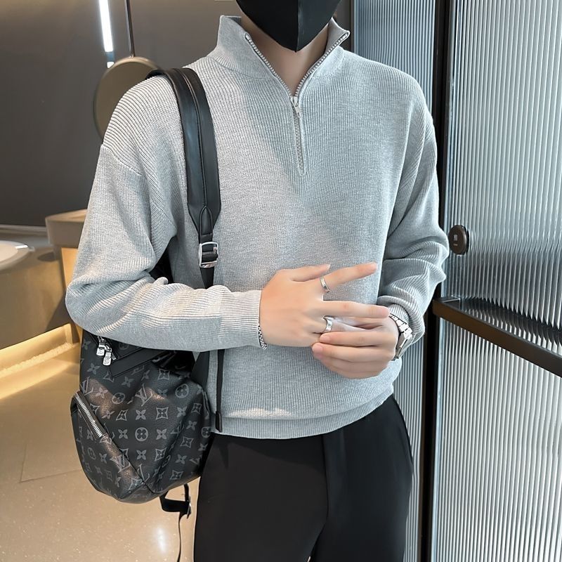 Stand Collar Men's 2024 Autumn Winter New Patchwork Zipper Fashion Solid Color Loose Minimalist Casual Long Sleeved Knitted Tops
