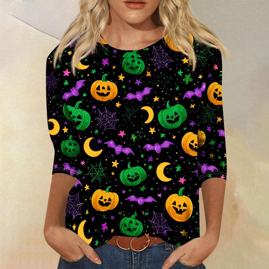 Women Halloween Print Three Quarter Sleeve Round Neck Loose Fit Casual Shirt Top for Holiday and Everyday Wear