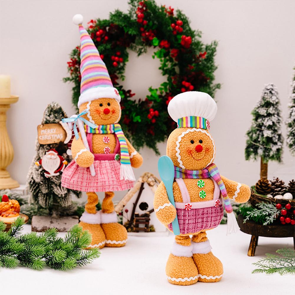 Christmas Biscuit Man Doll with Telescopic Legs Fabric Construction Ornament for Tree Shelf Office and Hotel Decoration
