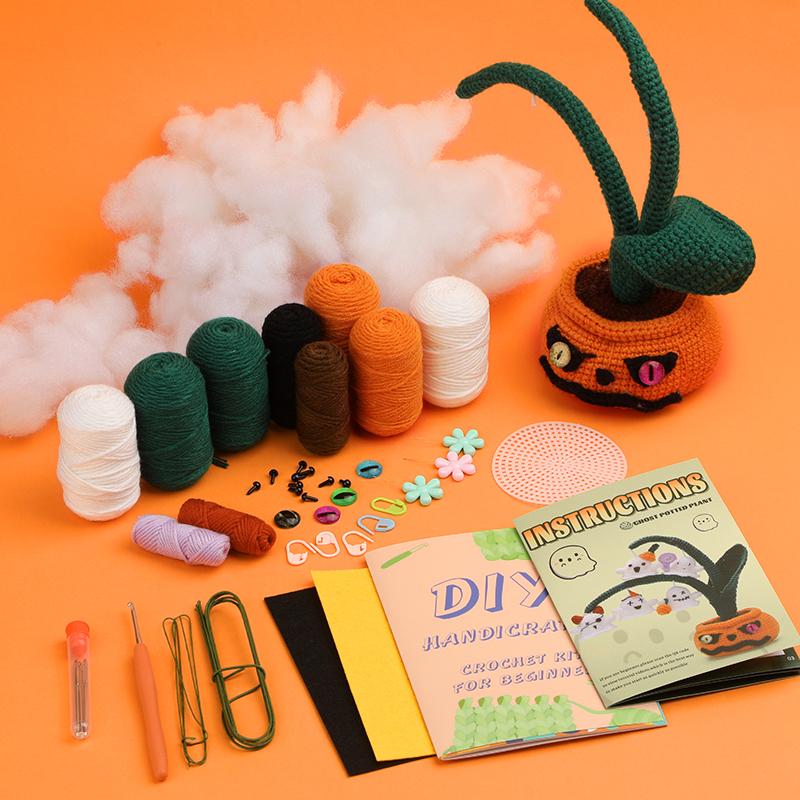 Halloween Pumpkin Monster Potted Plant Crochet Kit for BeginnersCrochet Yarn Crochet Hook Tools Supplies and Easy Video Tutorial