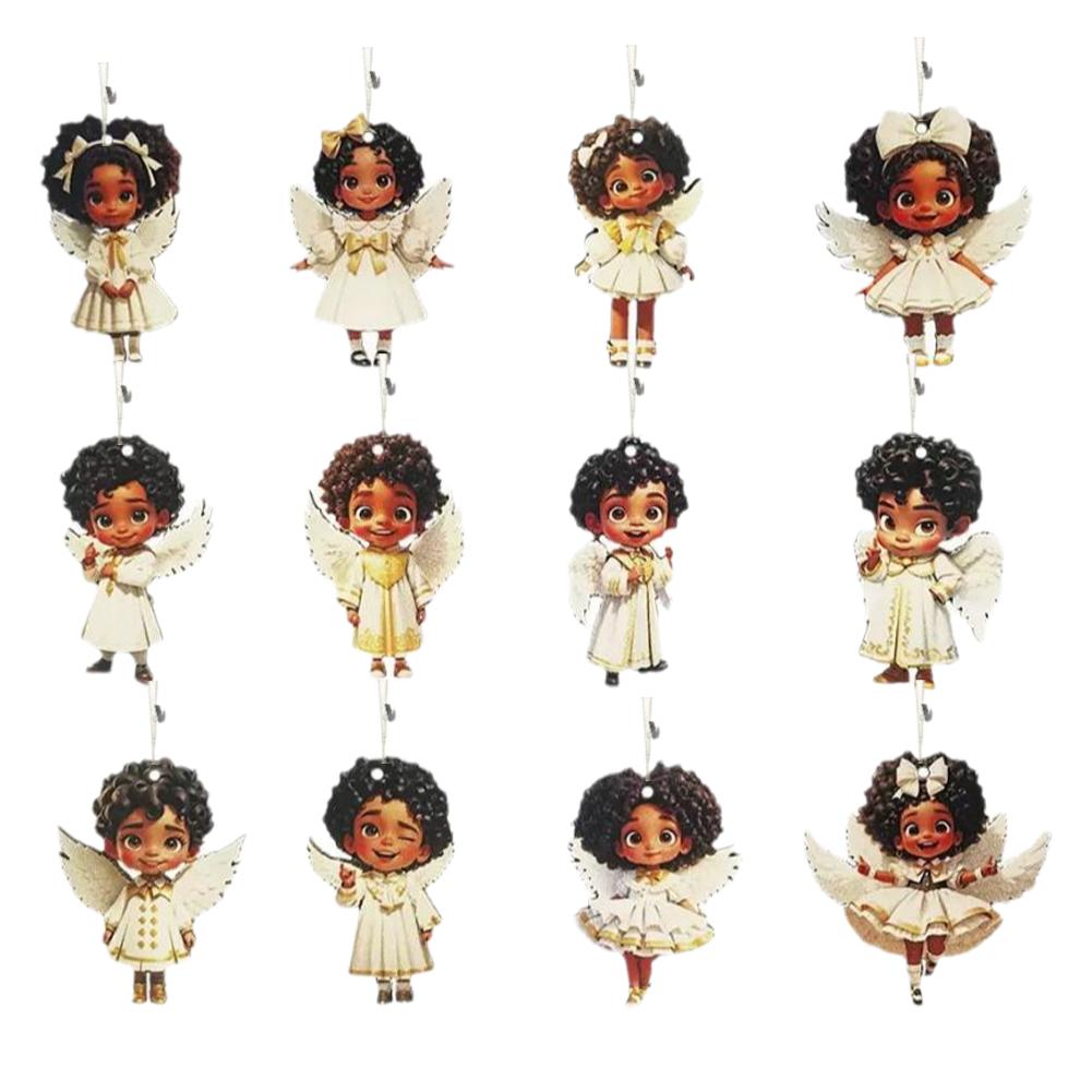 12Pcs Wooden Christmas Ornaments Set Christmas Tree Decoration Angel Ornaments Hanging Decor Pendants Xmas Party Decoration Gift