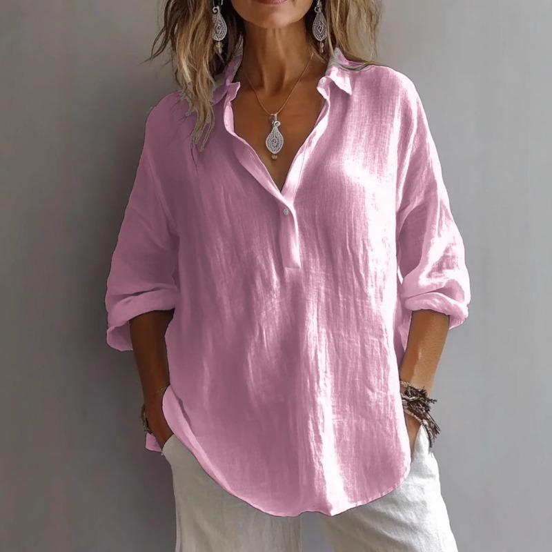 Women's Top Solid Color Casual Loose Long Sleeved Linen V-neck Shirt