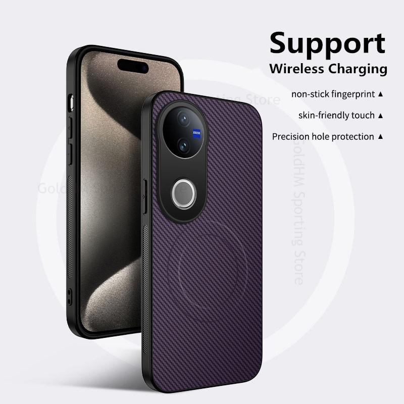 

Shell For vivo V60 V30 V40 V50 Pro Carbon Fiber Soft Phone Bumper Leather Case For Vivo S30 Pro mini Y300 Y400 Pro X200 FE 5G Magnetic Magsafing Cover Forvivo S30 Pro mini фиолетовый