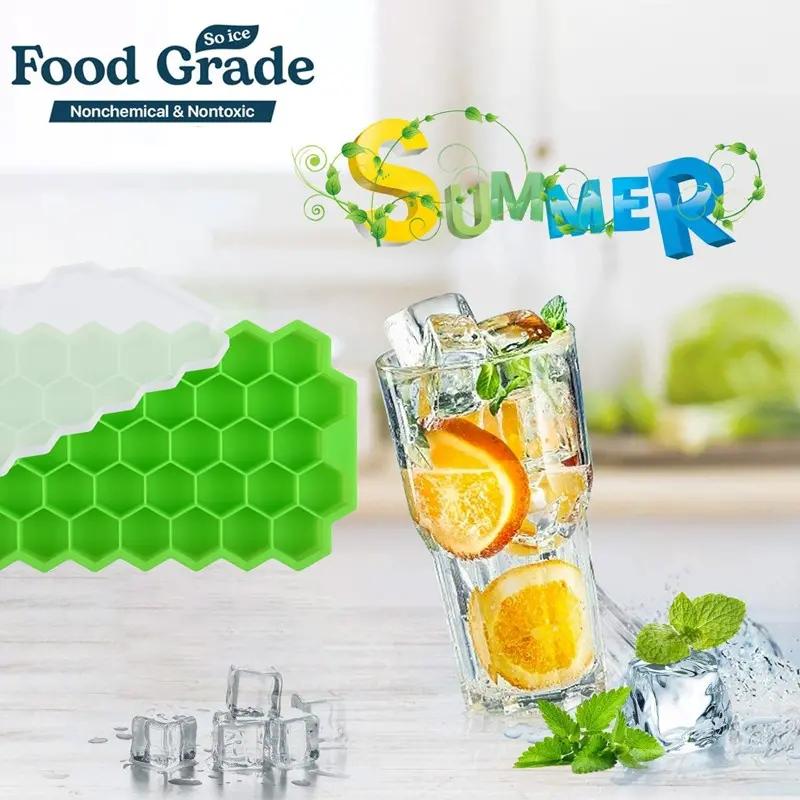 Silicone Ice Tray 37 Grids Hexagonal Ice Cube Mold With Cover Cellular Mesh Stackable DIY Ice Mold Reusable Food Grade Kitchen