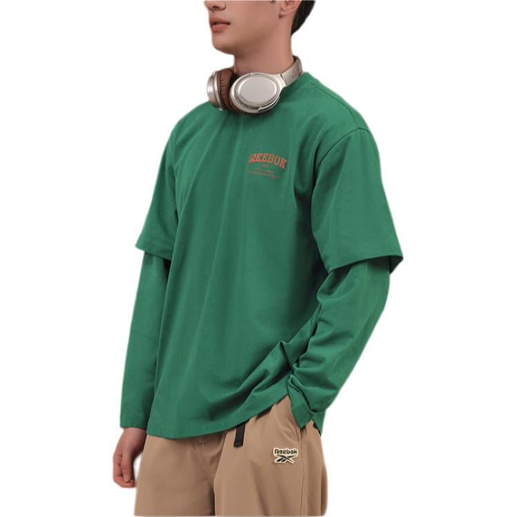 Reebok Solid Color Fake Two-Piece Knitted Long Sleeve T-Shirt Unisex Tops Dark-Green 23FRC503UGL1