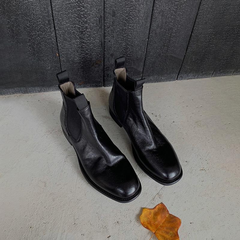 

Кожаная версия~ Кожаные круглые британские ретро плиссированные ботинки челси женские ботинки-сигареты на толстом каблуке детские короткие ботинки 40