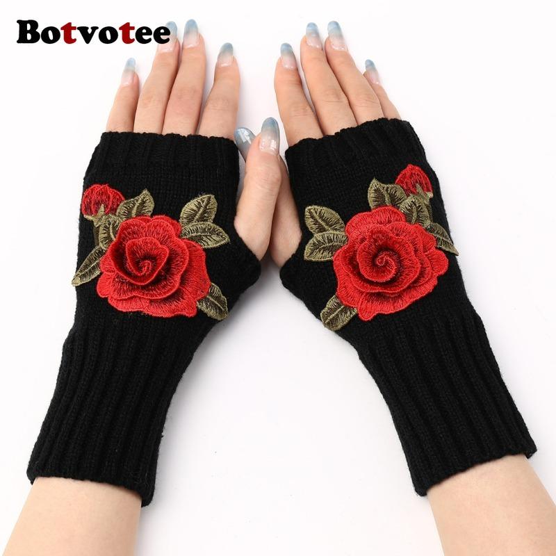 Botvotee Y2k Accessories Arm Warmers Sleeves for Women Flower Fashion Half Finger Knit Winter Arm Guard Black Fingerless Gloves