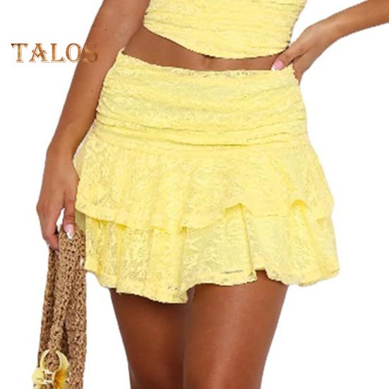 Spitzen-Minirock, sexy Rüschensaum, niedrige Taille, plissierter, fließender kurzer Rock, einfarbig, mehrlagiger Kuchenrock, für den Alltag