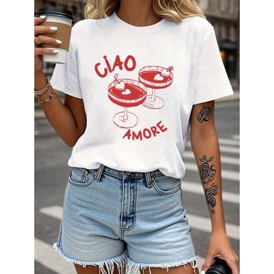 T-shirt con Stampa Lettere CIAO AMORE, Manica Corta Girocollo Top Casual per Estate e Primavera, Abbigliamento Donna