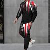 Set Due Pezzi Stampato Taglie Forti da Uomo Top Girocollo Manica Lunga Pantaloni con Polsini Nero Rosso Bianco
