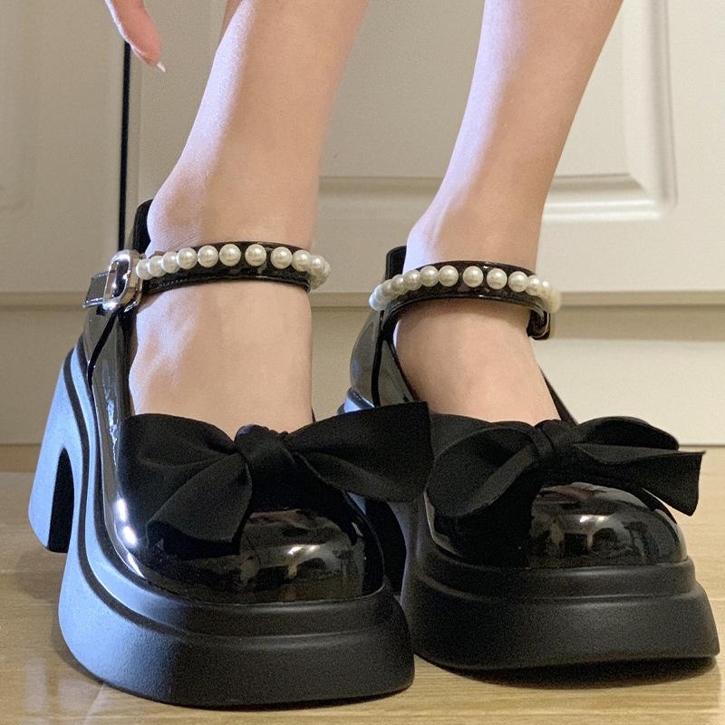 Fashion Classic Round-Toe Mary Jane Pumps French Style Butterfly Knot with Pearl Embellishments and Thick Sole Solid Colors Versatile