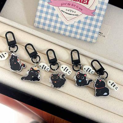 Kawaii Siyah Kedi Küçük Balık Anahtarlık Sevimli Çizgi Film Yavru Kedi Akrilik Anahtarlık Çift Anahtar Tutucu Çanta Kolye Asılı Süs Eşyası Hediyeler