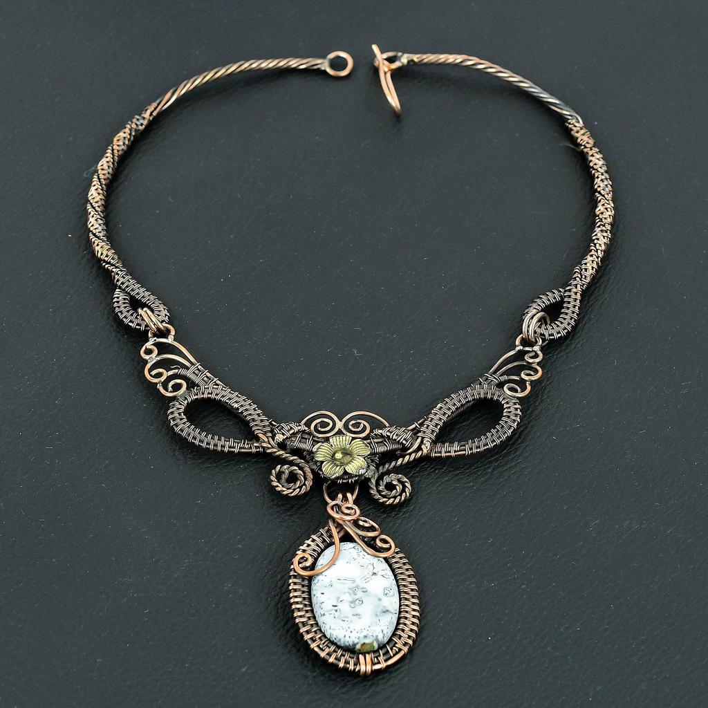 Dendrite Opal Handmade Gemstone Necklace, 999 Copper Wire Wrapped Necklace Antique Jewelry, For Engagement Gift
