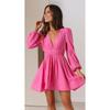 European & American Fashion V-Neck Slim Waist A-Line Pleated Long Sleeve Dress for Women