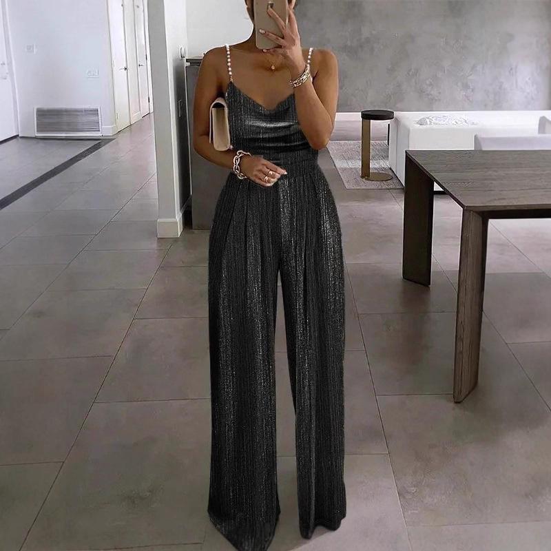 2025 Spring/Summer Women's Fashion: Elegant Wide-Leg Beaded Jumpsuit with Waist-Hugging Design and Spaghetti Straps.