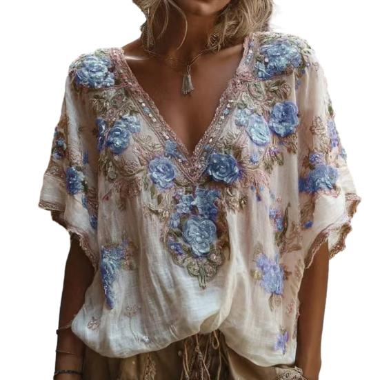 Women Tops 3D Printed Imitation Jacquard V-Neck Short Sleeve Loose Fit Soft Breathable Summer Shirt Daily Wear